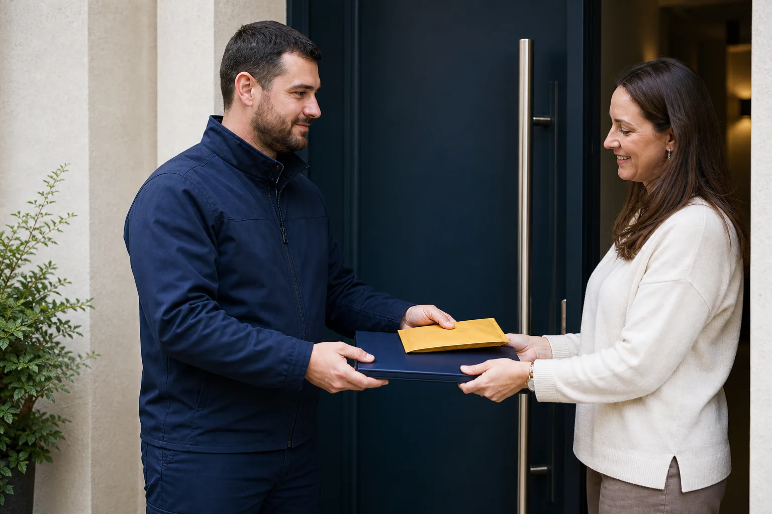 A locksmith handing a closed service folder to an authorized property contact.