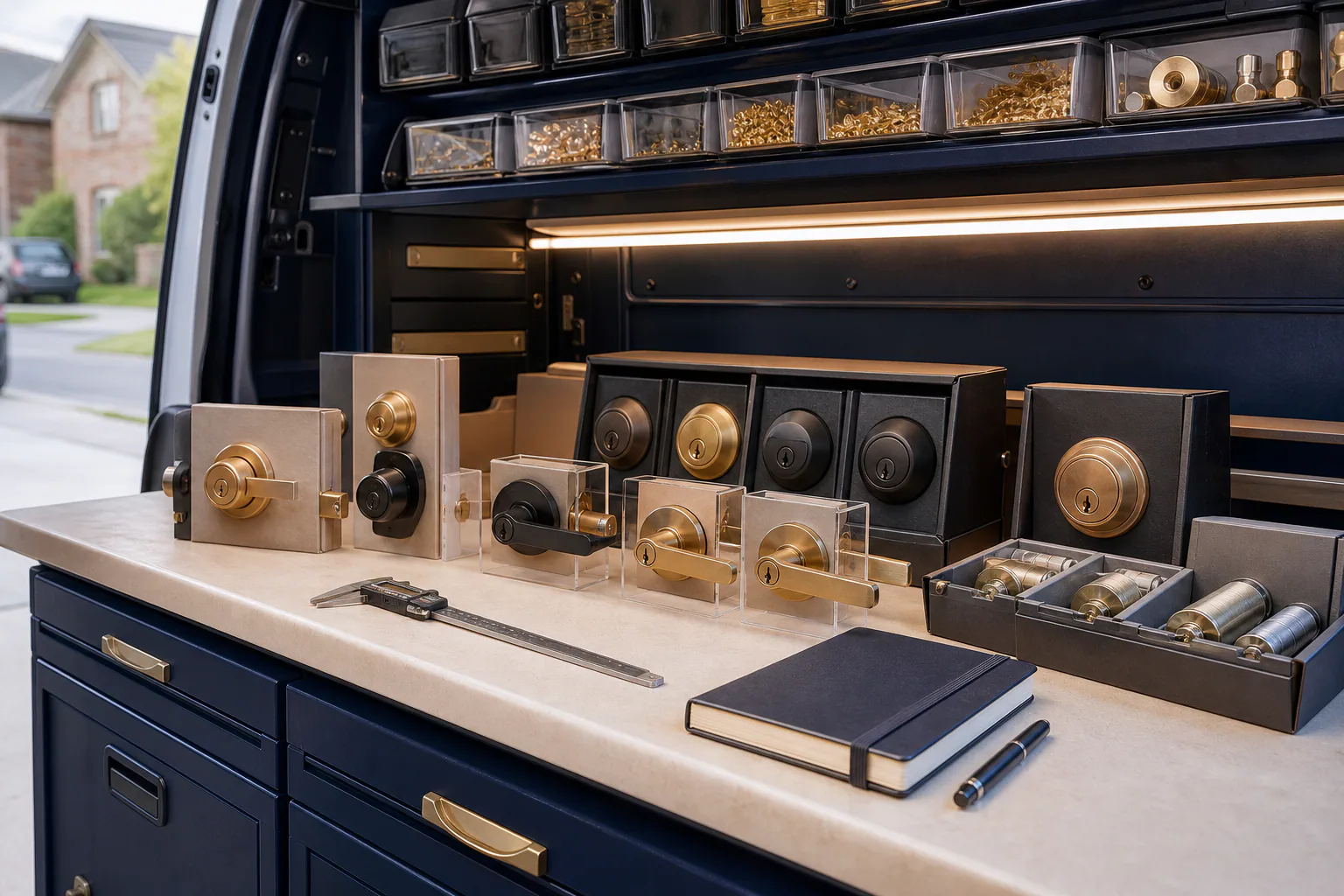A fitted mobile workshop displaying several residential door hardware options.