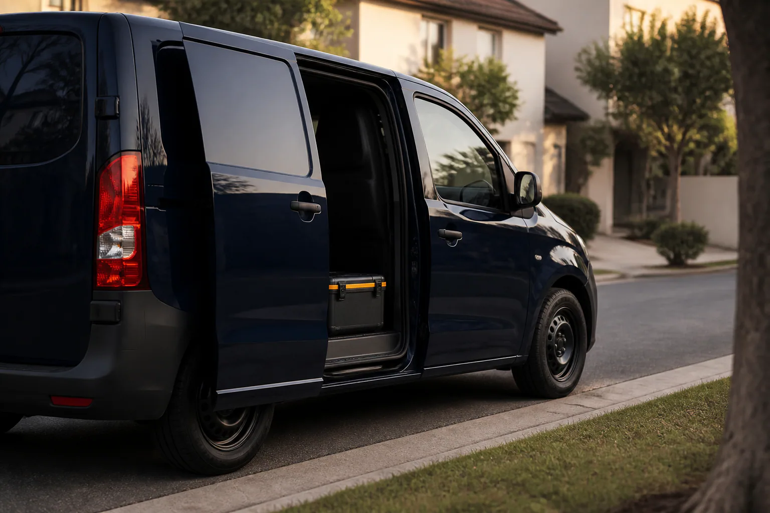 A discreet navy mobile service vehicle parked on a quiet fictional street.