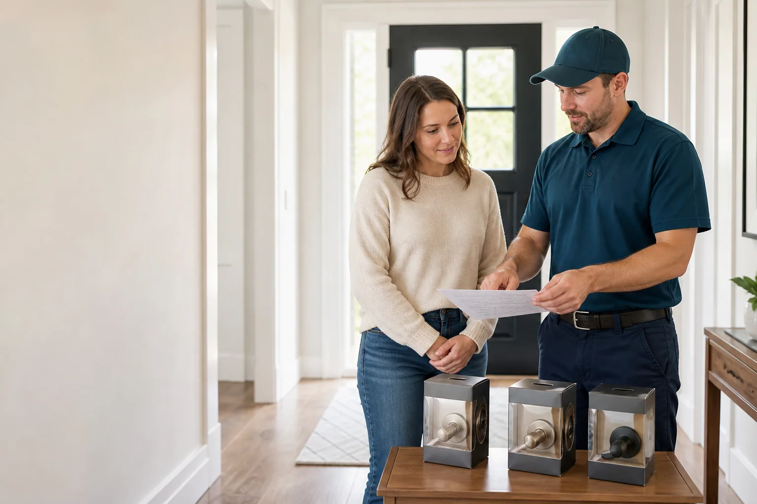 Homeowner and mobile locksmith reviewing sealed door-hardware options before approval