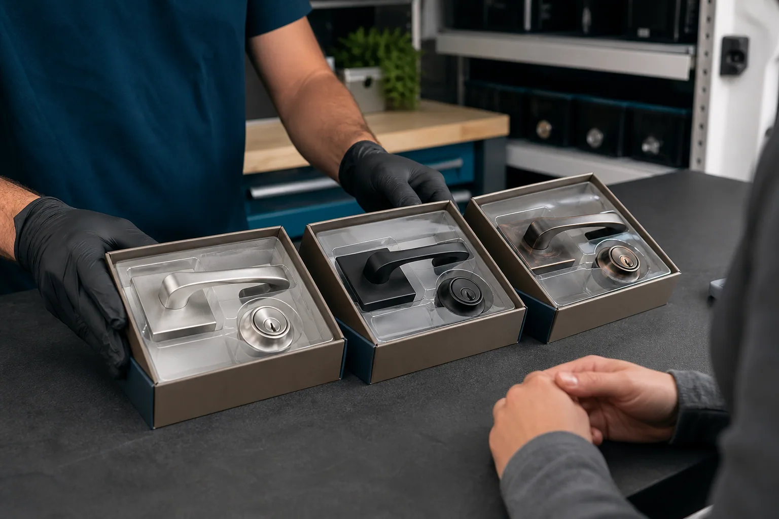 Three sealed door-hardware options being reviewed with a customer