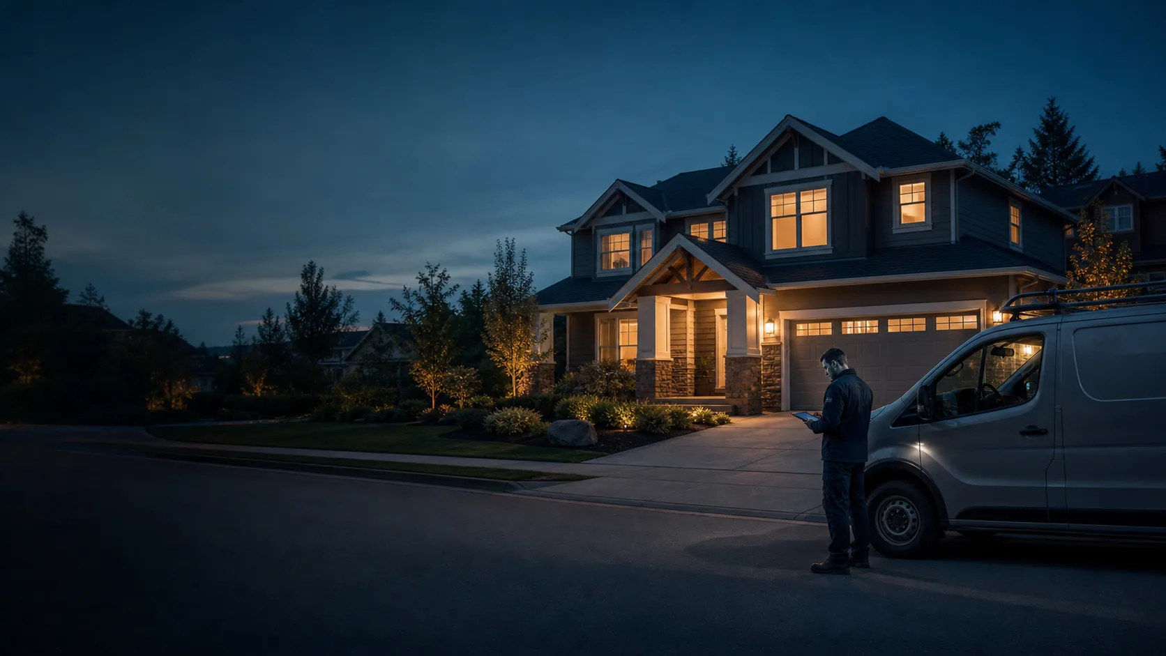 Mobile locksmith reviewing an authorized service request outside a Cedar Vale home