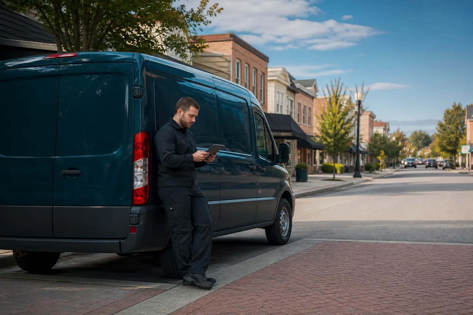 Mobile locksmith checking the route beside an unbranded service van